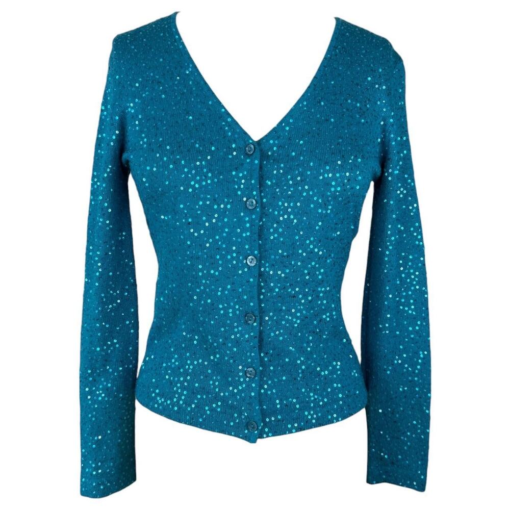Y2K Silk Cashmere Votre Nom Teal Sequin Cardigan size S